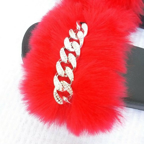 Red Faux Fur Slides/Slippers/With Chain - Picture 3 of 7